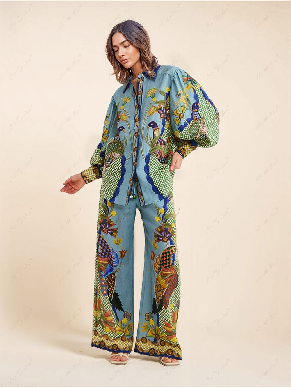 Unique Holiday Printed Puff Sleeve Casual Lanyard Suit