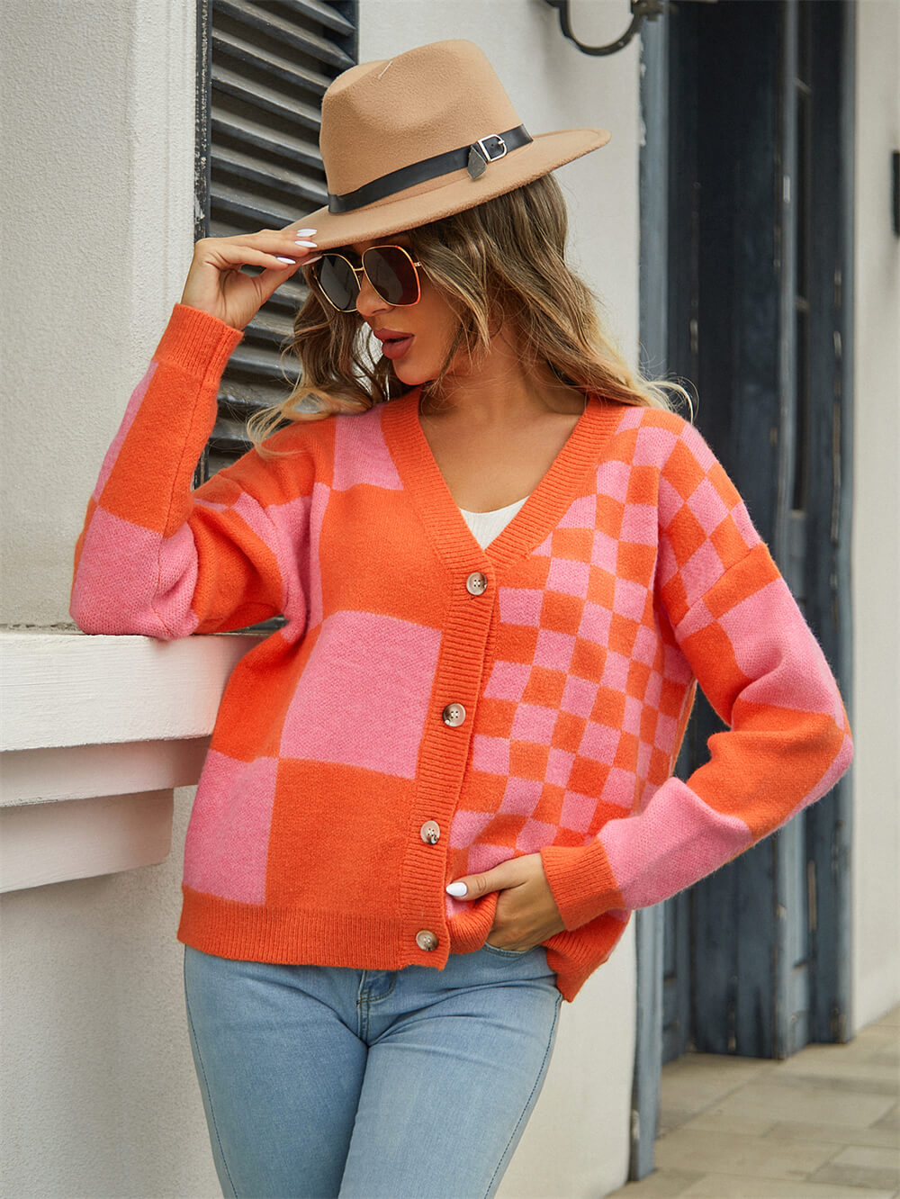 Checkmate Button Up Knit Cardigan - Orange