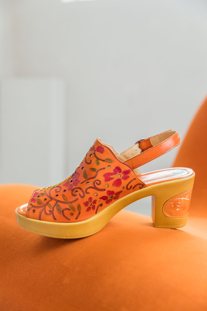 SOFFIA | ORANGE FLORAL EMBOSSED PERFORATED LEATHER SANDAL