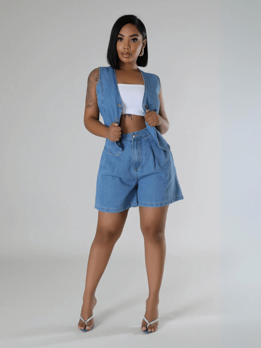 Andi Tuxedo Denim Vest Shorts Matching Set