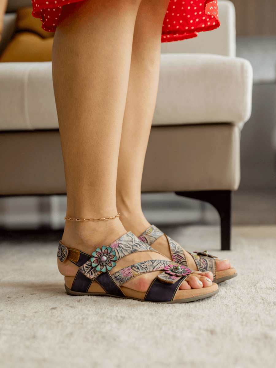 Soffia | Celine Floral Abstract Leather Footbed Sandal