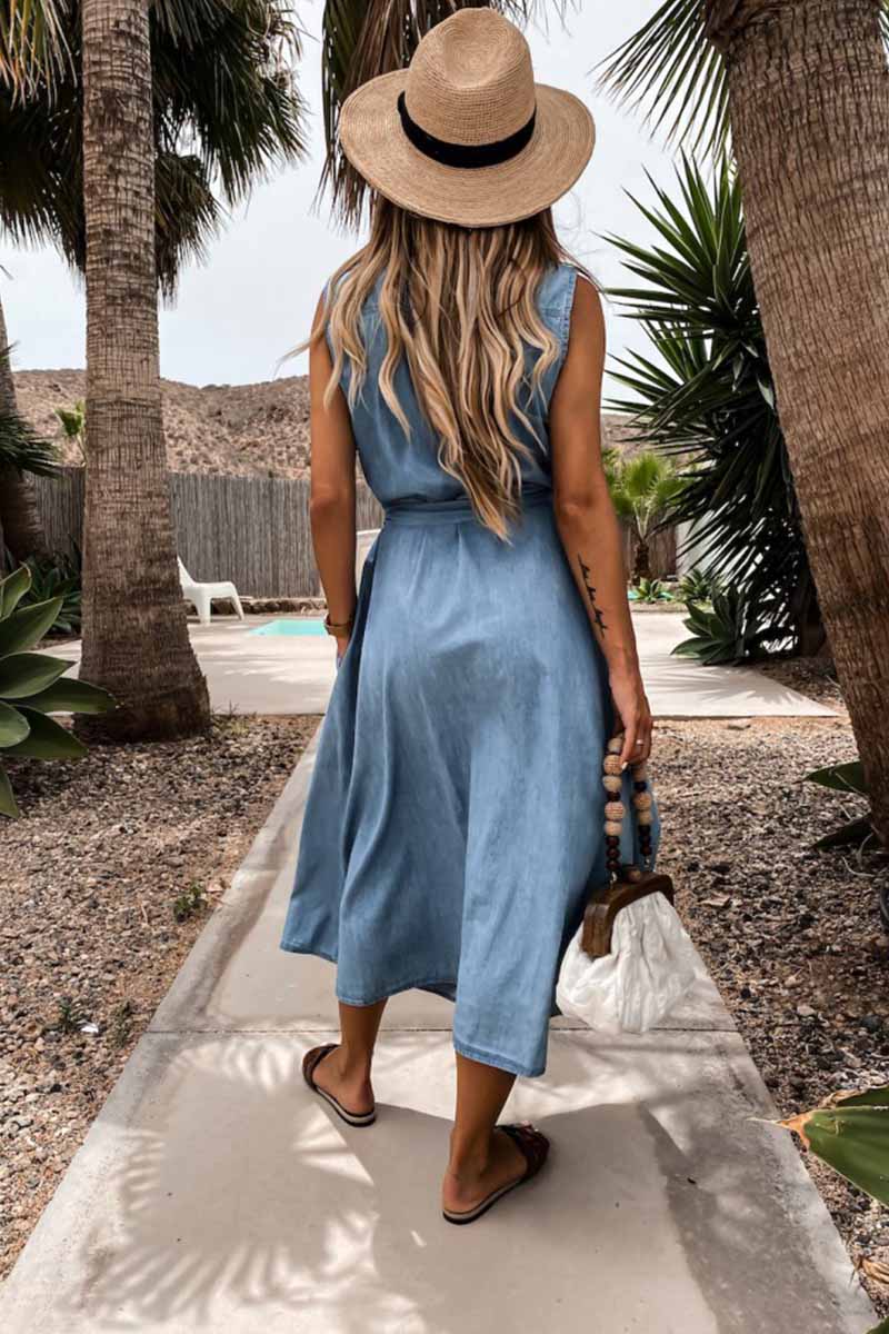 Chicindress Sleeveless Lace-Up Single-Breasted Denim Midi Dress