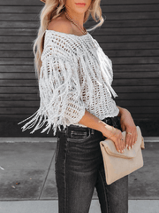 Ramy Crochet Fringe Sleeves Cover Up Top - Grey