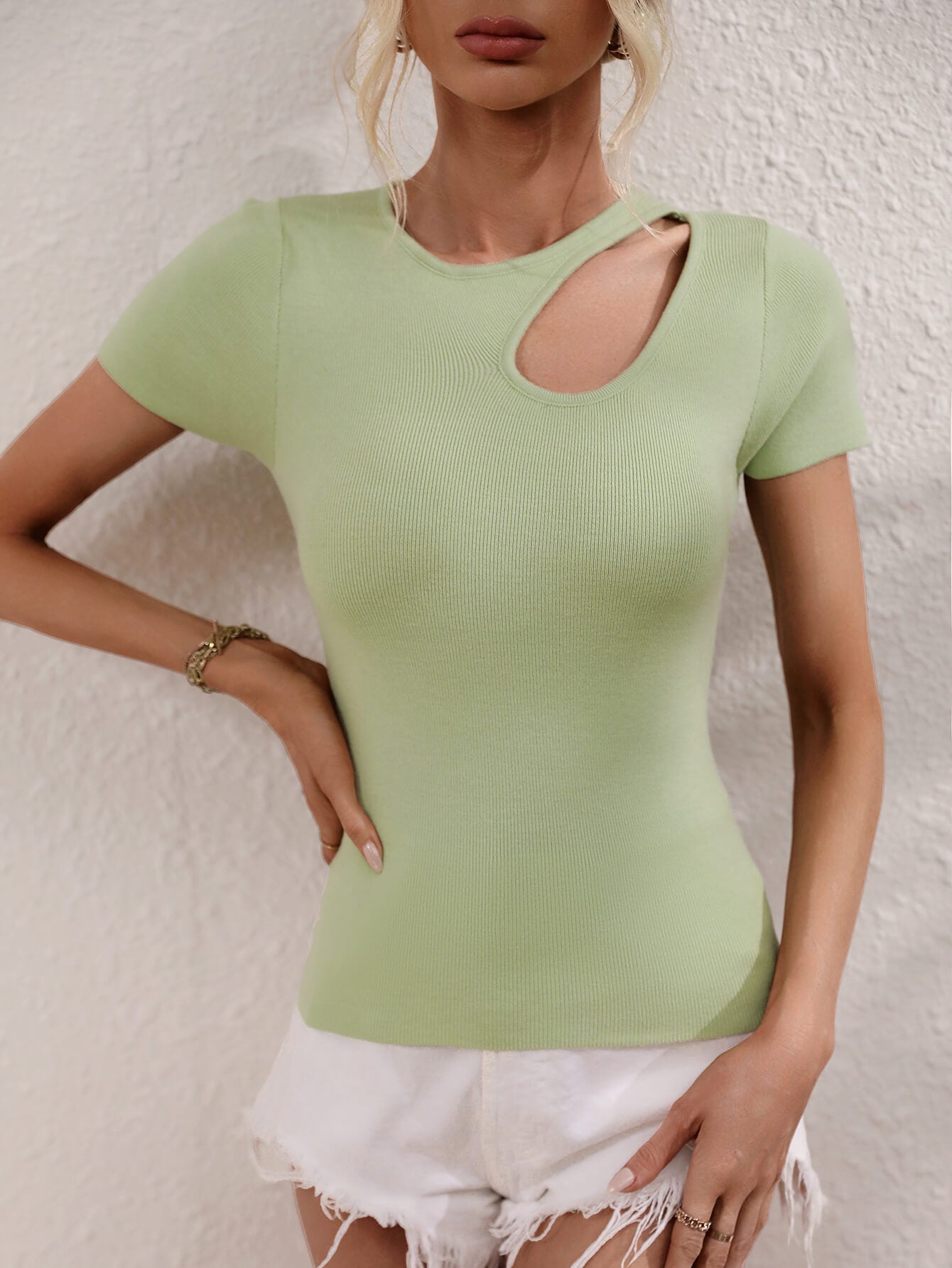 JULISSA RIBBED CUT-OUT KNIT TOP - SAGE