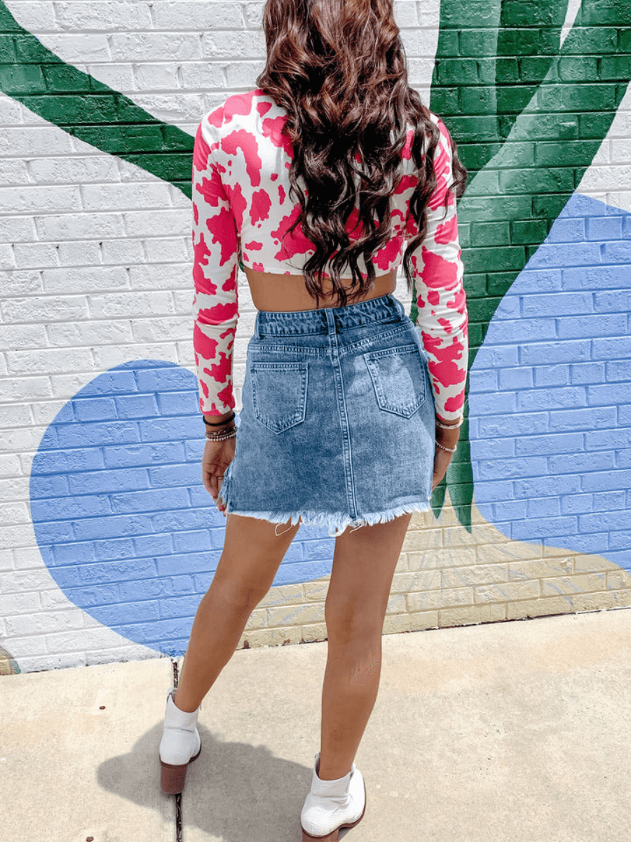 KRYSTEN SEQUINS FRINGE TASSEL HEM DENIM MINI SKIRT