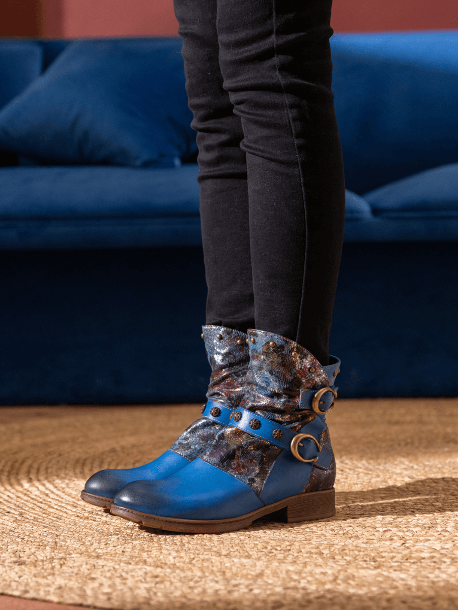 Soffia | Nicolette Rivet Stud Leather Moto Boots - Blue