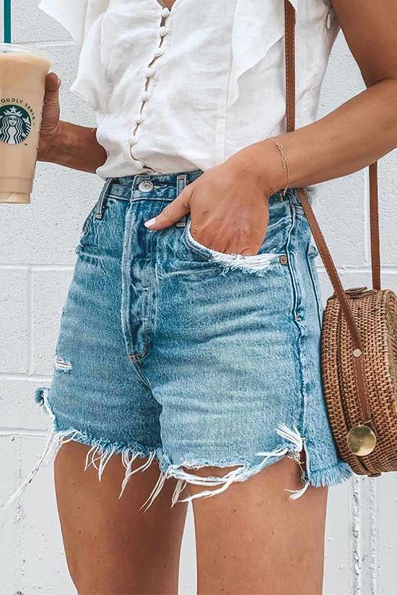 Chicindress Summer Loose Button Ripped Fringed Denim Shorts