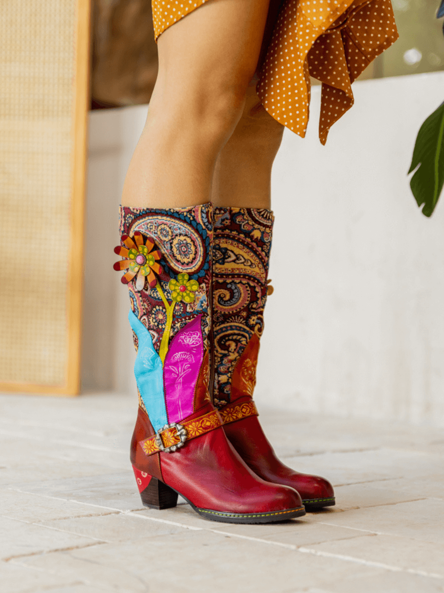 Soffia | Brycen Abstract Swirl Print Floral Applique Leather Boots