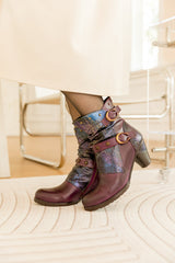 SOFFIA | FLORAL EMBOSSED BUCKLE UP LEATHER BOOTIE - PURPLE