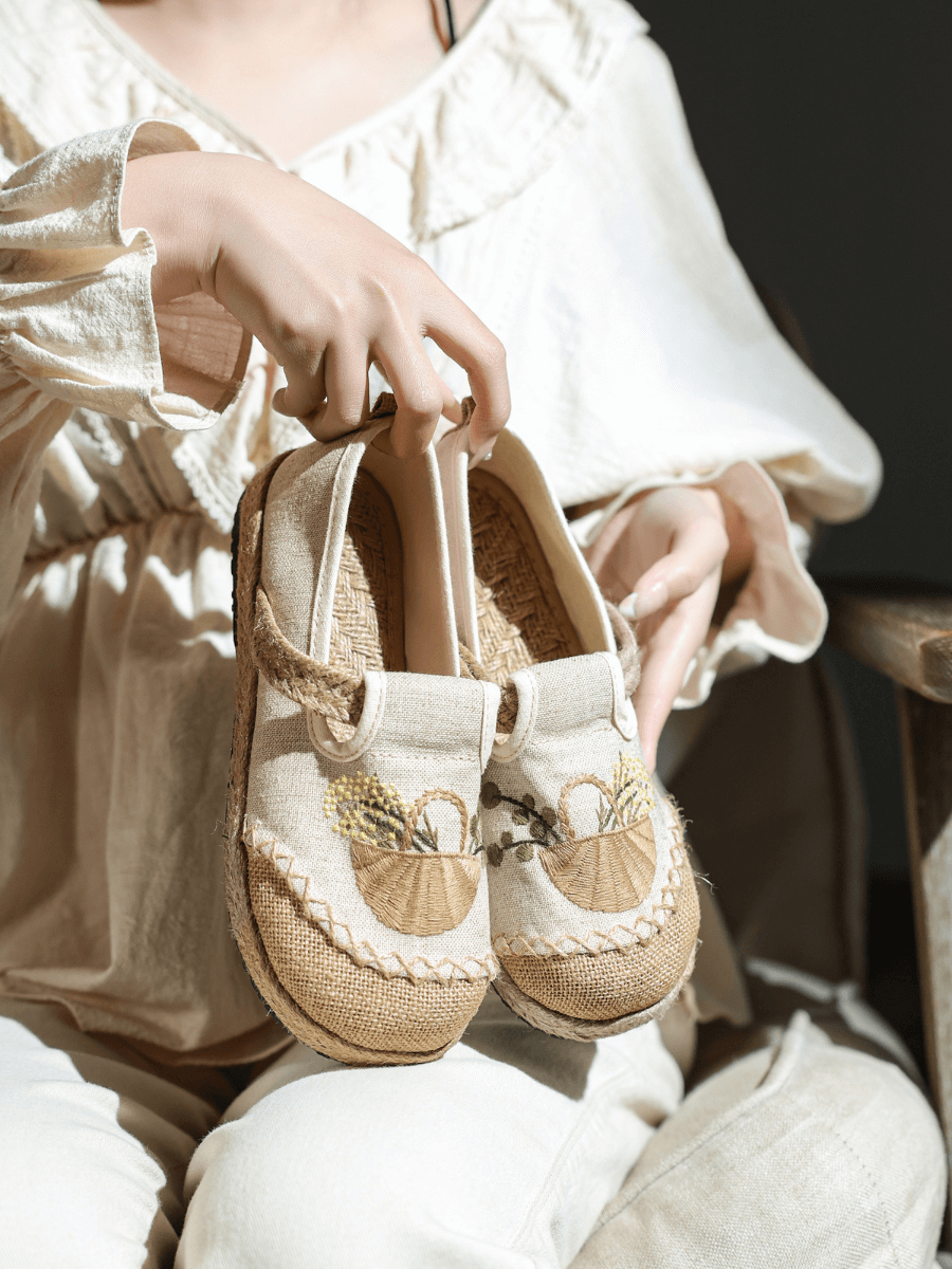 CACTUS ROSE | BASKET EMBROIDERED LINEN ESPADRILLE LOAFER - BEIGE