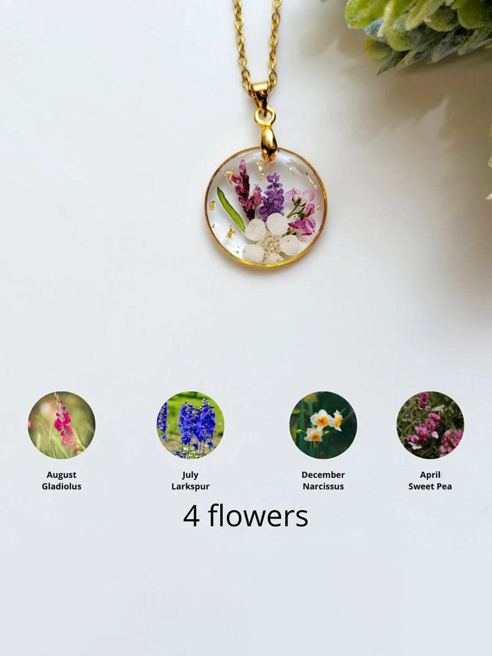 Handmade Birth Flower Bouquet Pressed Resin Pendant Necklaces