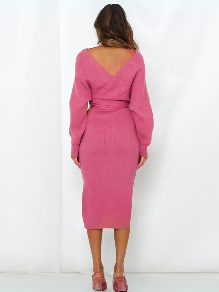 Lorene Tie Waist Midi Sweater Dress - Pink