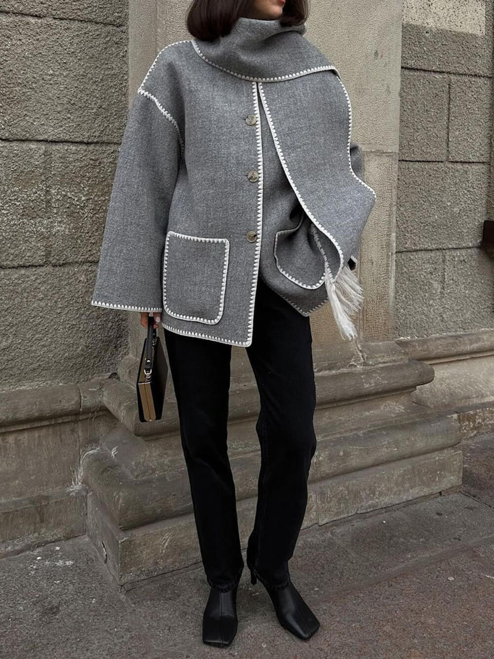 Draped Fringed Blend Jacket With Scarf