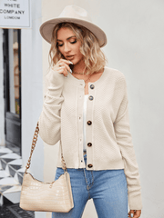 Wafflemate Button Front Knit Cardigan - Beige