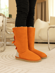 SMAIBULUN Ugg | Rhinestone Ribbon Tri-Tie Bow Suede Boots - Orange