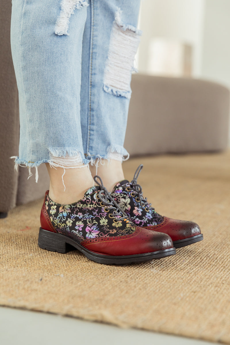 SOFFIA | Brown Floral Print Leather Brogues Oxford