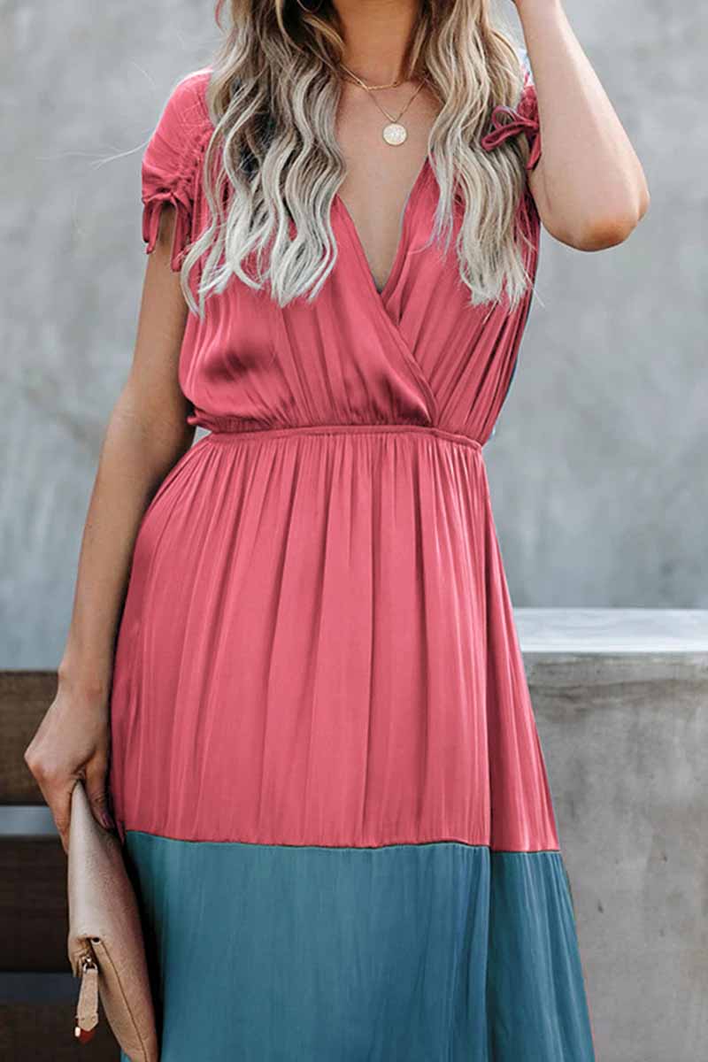 Chicindress Summer Loose Multicolor Stitching V-Neck Short Sleeves Midi Dress