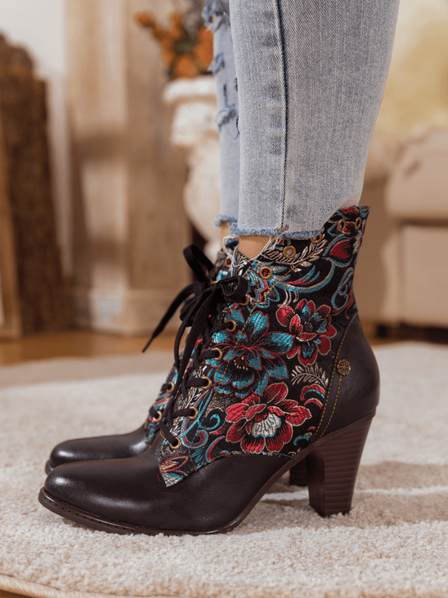 SOFFIA | BLACK FLORAL EMBROIDERED LEATHER BOOTIE