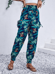 Mandy Palm Print High Rise Cargo Pants - Green