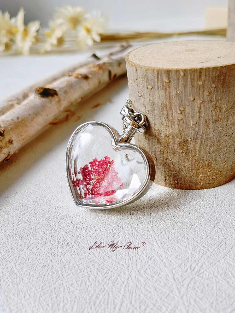 Queen Anne Lace Floral Crystal Glass Heart Necklace