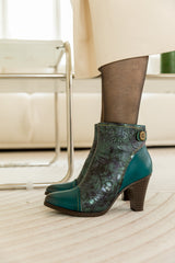 SOFFIA | FLORAL EMBOSSED METALLIC LEATHER ANKLE BOOT - TEAL