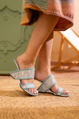 JADY ROSE | CAMELLIA LACE UPPER LEATHER HEELED SANDAL - BLUE