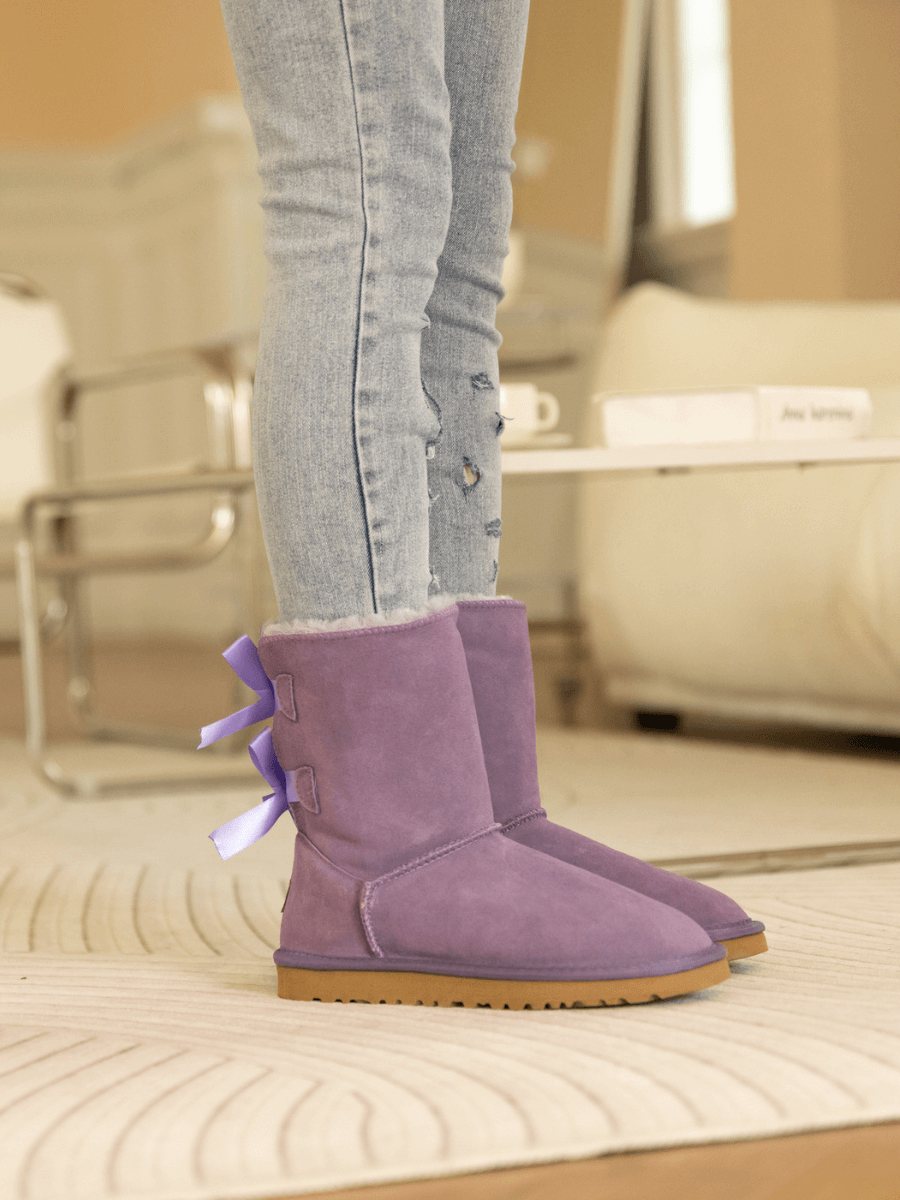 Smaibulun Ugg | Double Ballet Ribbon Bow Suede Shearling Boots - Lavender