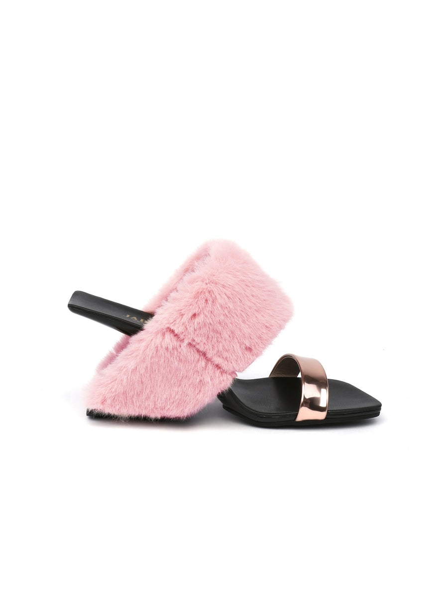 JadyRose | Faux Fur Strap Leather Wedge Sandal - Baby Pink