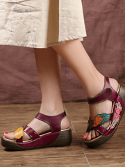 SOFFIA | GENUINE LEATHER FLORAL APPLIQUE PLATFORM ANKLE STRAP SANDAL