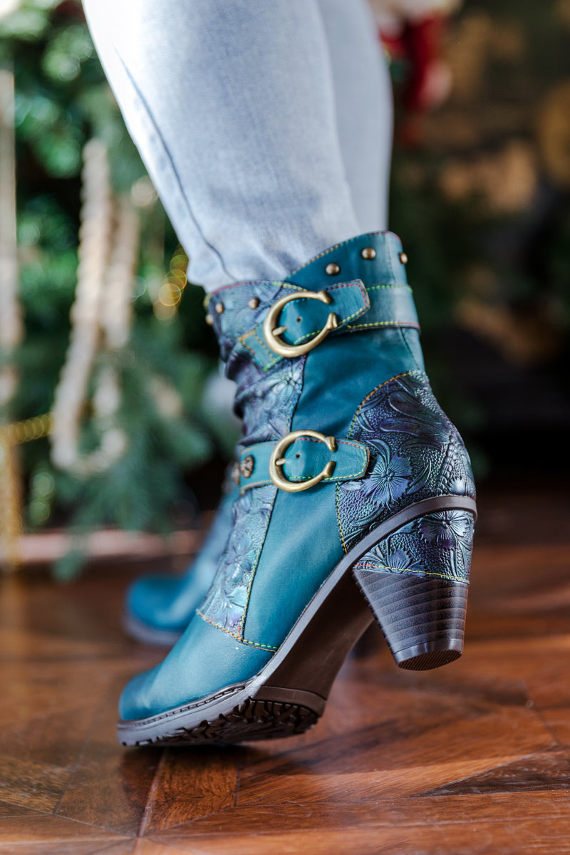 SOFFIA | FLORAL EMBOSSED BUCKLE UP LEATHER BOOTIE - TEAL