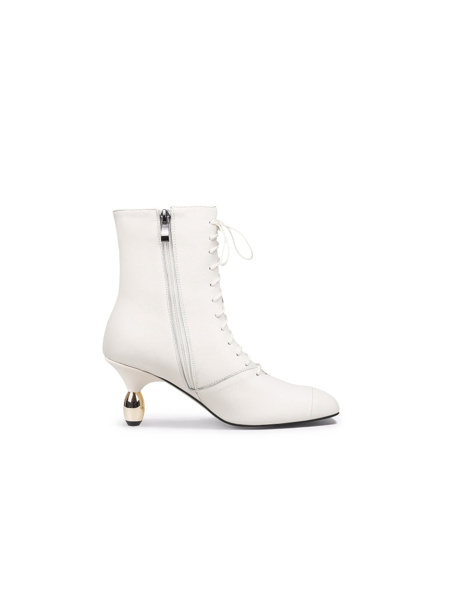 JadyRose | Genuine Leather Golden Drop Heeled White Bootie Ankle Boots