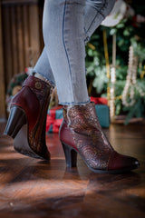 SOFFIA | FLORAL EMBOSSED METALLIC LEATHER ANKLE BOOT - CLARET