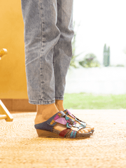 SOFFIA | FLOR DE PARAISO LEATHER WEDGE SANDAL - NAVY