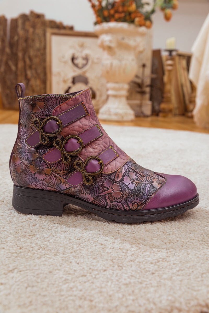 SOFFIA | ROSE GARDEN EMBOSSED LEATHER STRAP BOOT - PURPLE