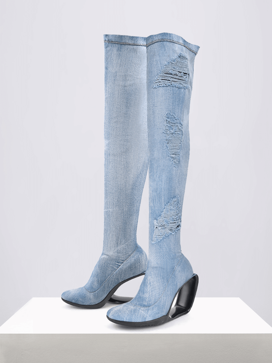 Jady Rose | Alfie Over-The-Knee Distressed Denim Boots