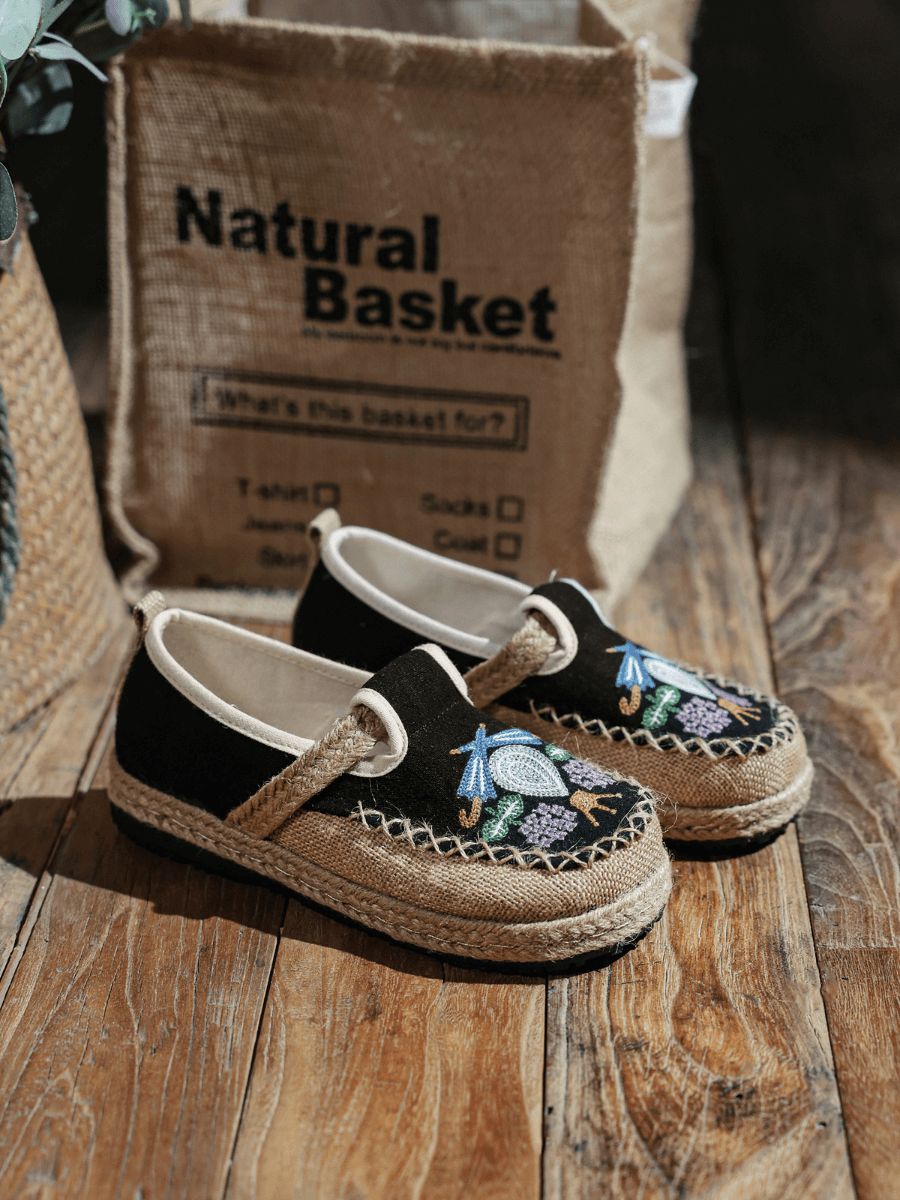 CACTUS ROSE | PATTERN EMBROIDERED LINEN ESPADRILLE LOAFER - BLACK