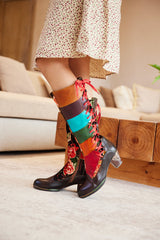 Soffia | Delora Floral Contrast Stripe Wide Calf Leather Knee High Boots