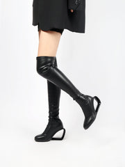 JADY ROSE | WEDGE HEEL BLACK LEATHER OVER KNEE NIGHT BOOT