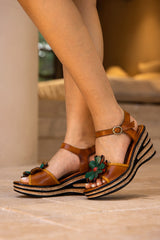 Soffia | Asmara Floral Head Applique Leather Wedge