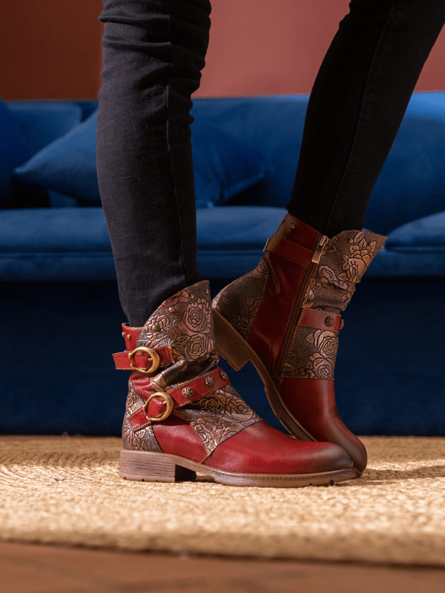 Soffia | Nicolette Rivet Stud Leather Moto Boots - Claret