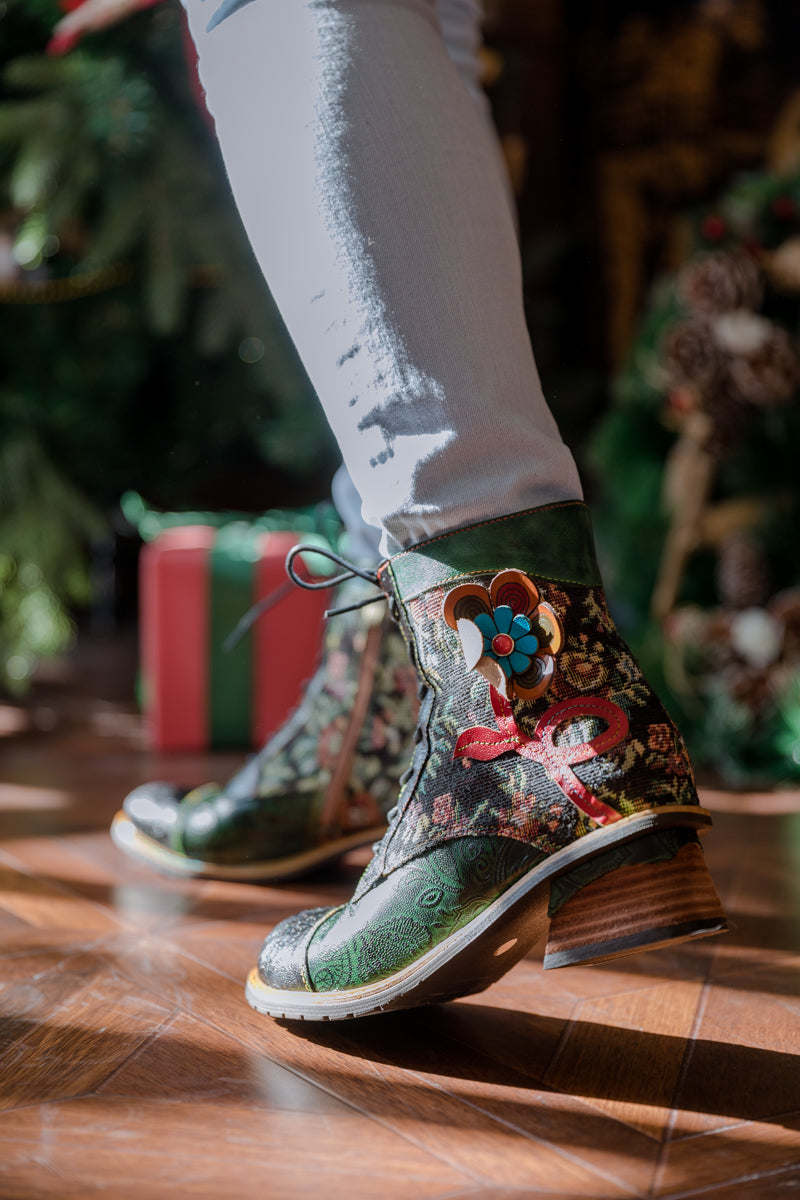 SOFFIA | FLORAL APPLIQUED LACE UP LEATHER ANKLE BOOT