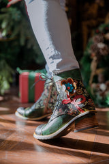 SOFFIA | FLORAL APPLIQUED LACE UP LEATHER ANKLE BOOT