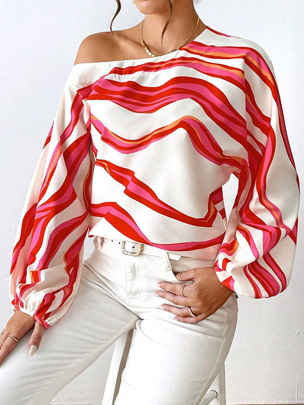 Long Sleeves Loose Asymmetric Striped One-Shoulder Blouses&Shirts Tops