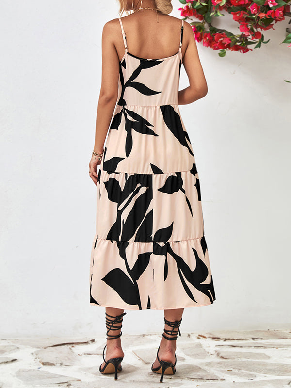 Loose Sleeveless Contrast Color Floral Printed Spaghetti-Neck Midi Dresses