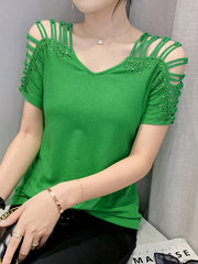 Loose Raglan Sleeve Hollow Rhine Stones Solid Color Split-Joint V-Neck T-Shirts Tops