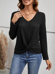 Long Sleeves Loose Hollow Knot Solid Color Split-Joint V-Neck T-Shirts Tops