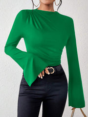 Flared Sleeves Long Sleeves Pleated Solid Color Boat Neck Skinny T-Shirts