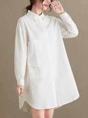 Simple Solid Buttoned Lapel Collar Long Sleeves Blouse