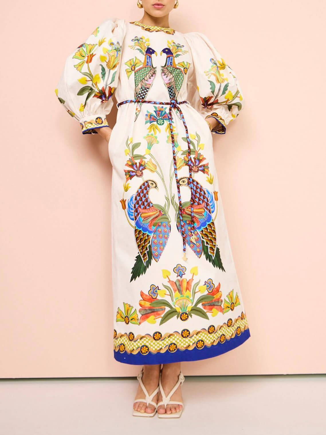 Exquisite And Fun Printed Puff Sleeves Loose Casual Midi Dress