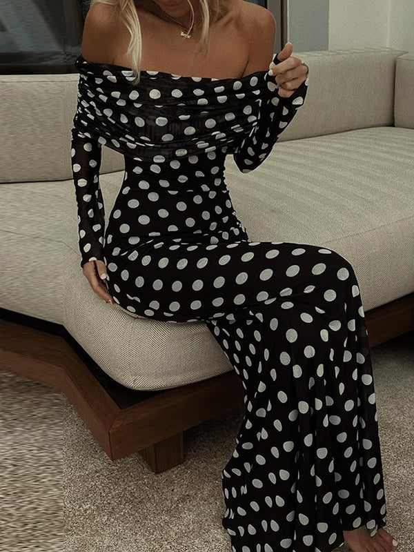 Long Sleeves Skinny Pleated Polka-Dot Split-Joint Tube Maxi Dresses